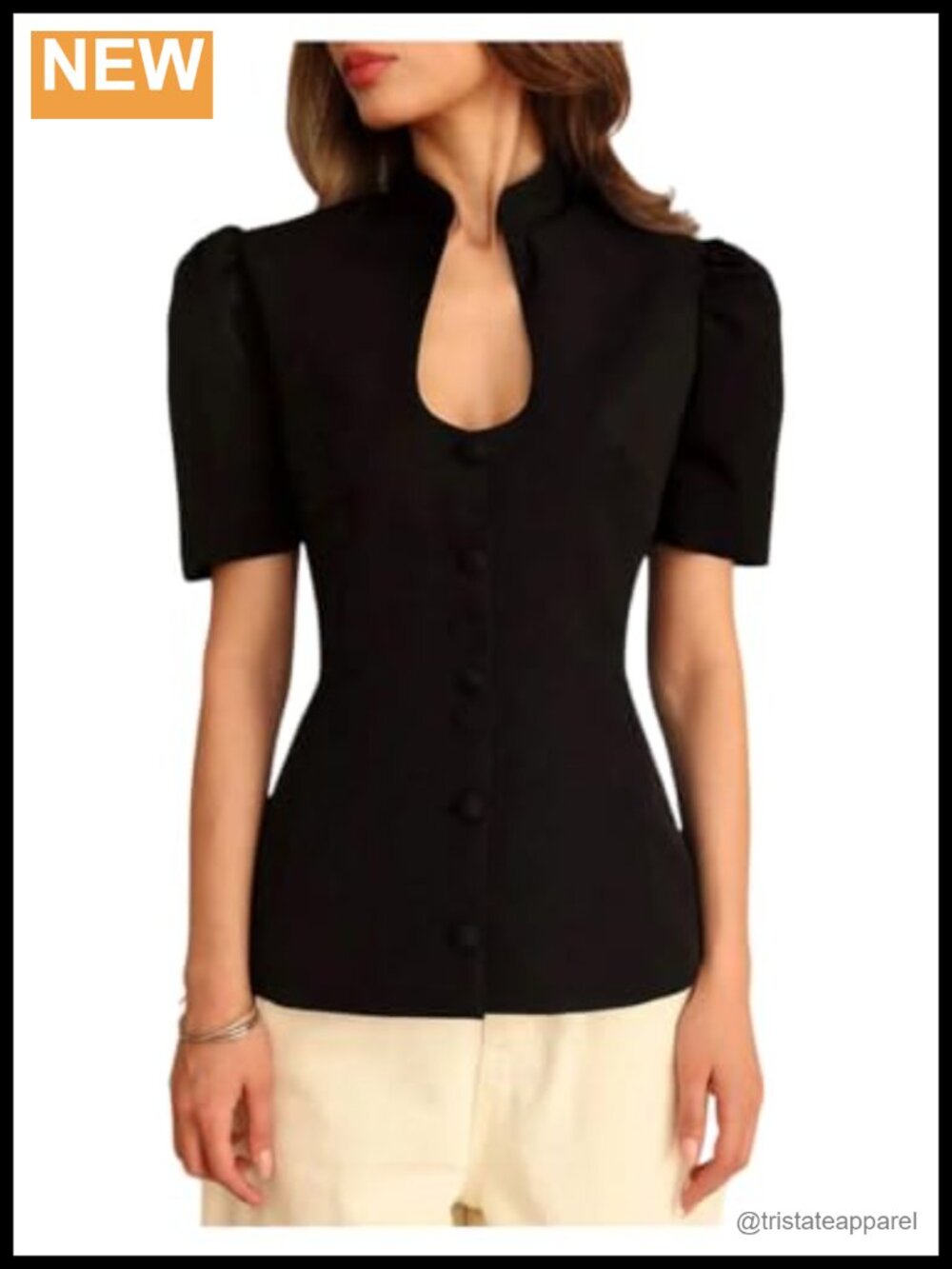 Elegant Puff Sleeve Mandarin Collar Office Work Top Blouse Women
